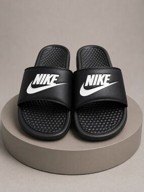 NWOB Nike Benassi JDI Slide Sandals Black White Logo Size 10 Comfort Slides